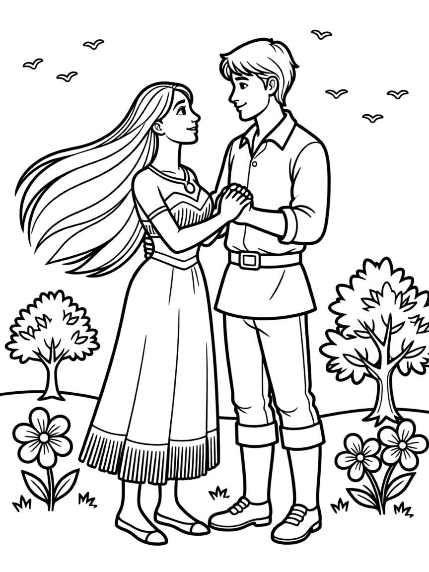 Pocahontas and John Smith holding hands, looking at each other warmly.