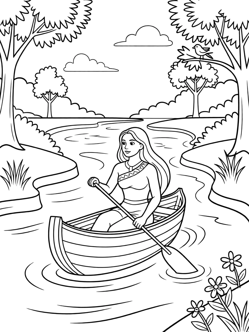 Pocahontas paddling a canoe through a peaceful river, surrounded by nature.
