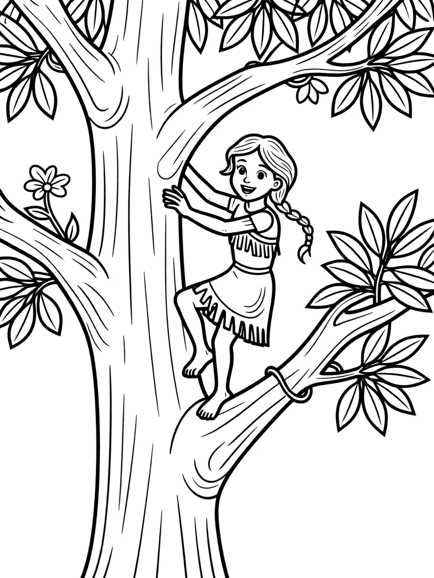 Pocahontas climbing a tree, looking agile and adventurous.