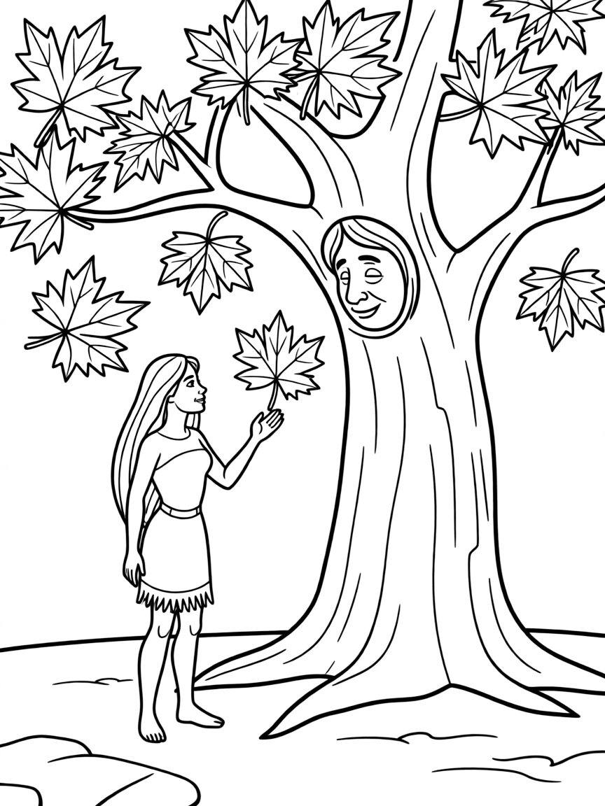 Pocahontas interacting with Grandmother Willow, surrounded by glowing leaves.