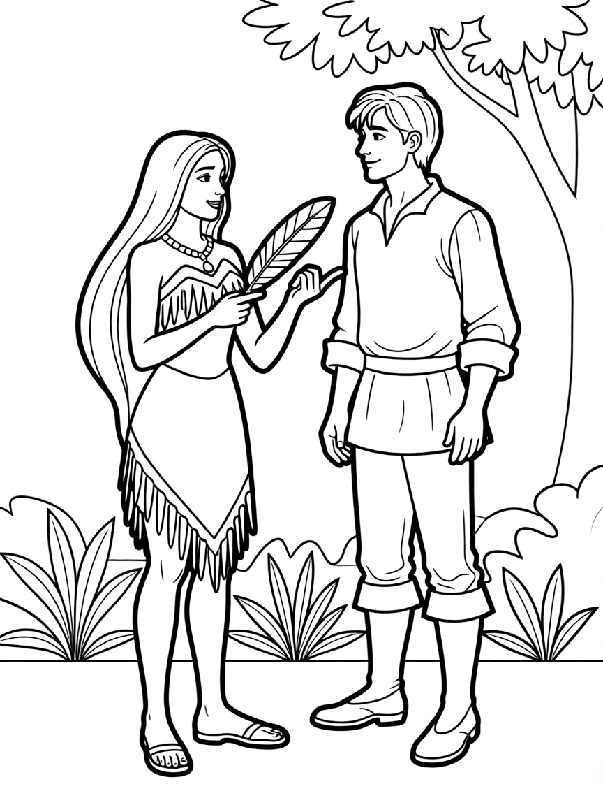 Pocahontas teaching John Smith about her culture, sharing a moment of understanding.