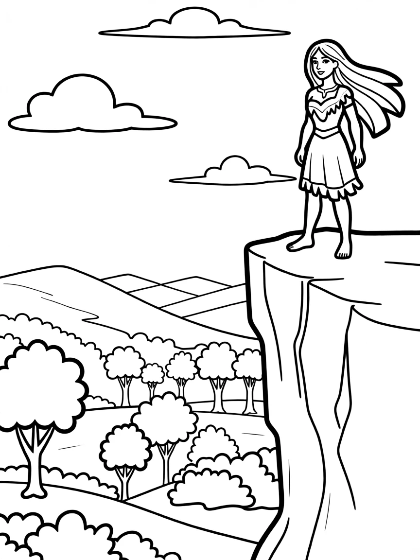 Pocahontas standing on a cliff overlooking the beautiful wilderness.