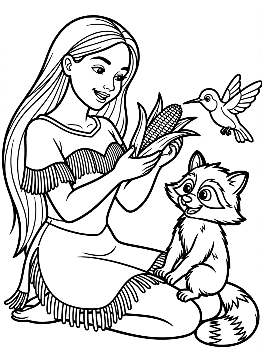 Pocahontas sharing corn with Meeko and Flit, looking contented.