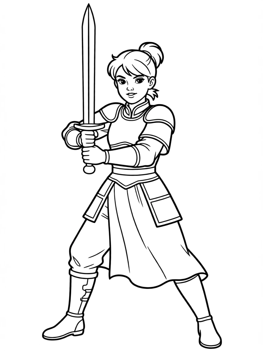 Mulan (Mulan) in her battle armor, striking a powerful pose with her sword.