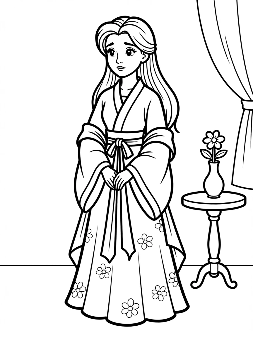 Mulan dressed in a beautiful dress for the matchmaker, looking nervous.