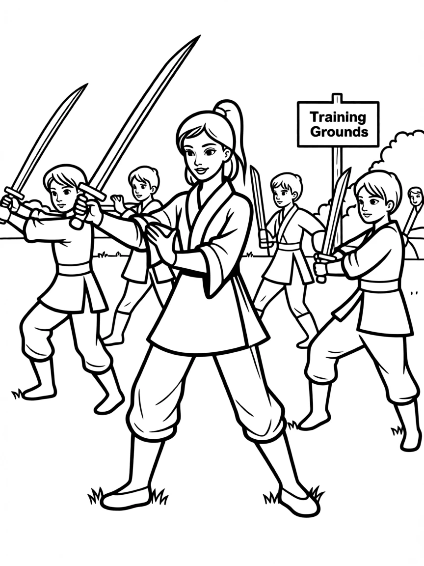 Mulan training with the other soldiers, showing her strength and agility.