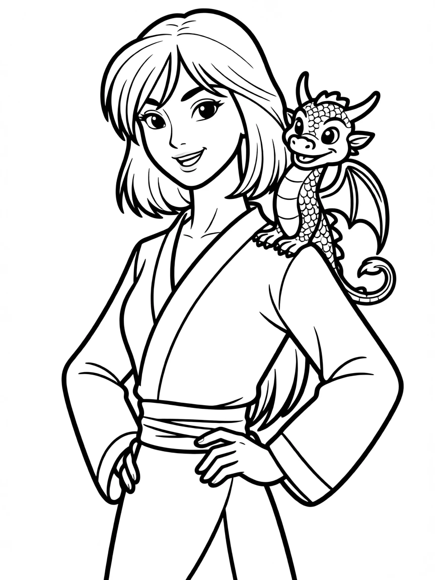 Mulan with Mushu on her shoulder, looking determined and courageous.