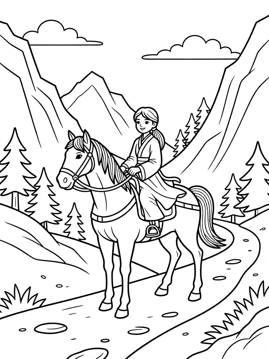 Mulan riding her horse through a scenic mountain pass.