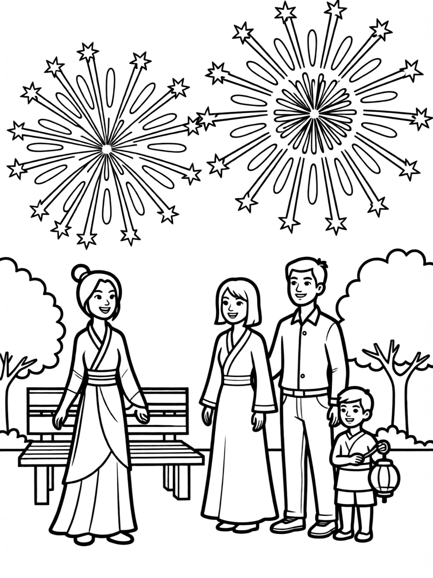 Mulan watching fireworks with her family, looking proud.