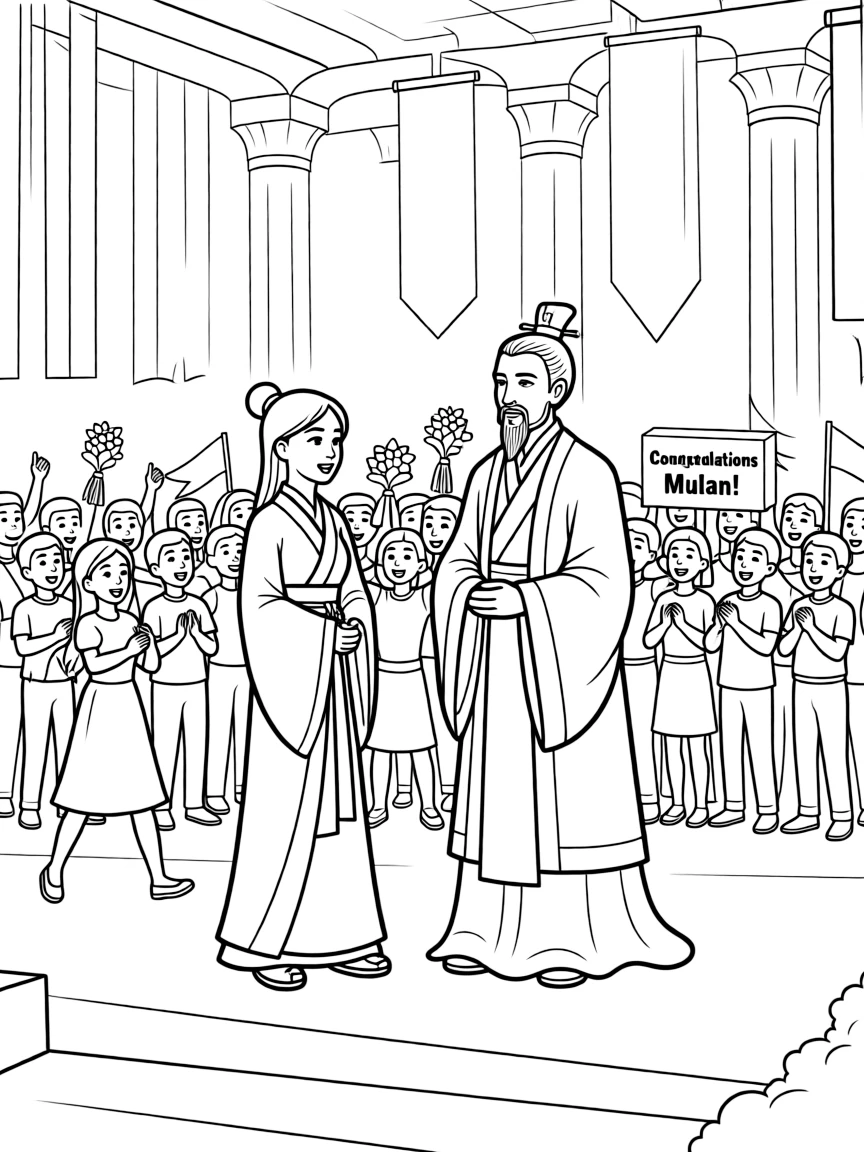 Mulan being honored by the Emperor, surrounded by cheers.