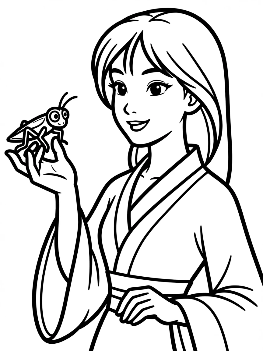 Mulan with Cri-Kee, her lucky cricket, smiling softly.