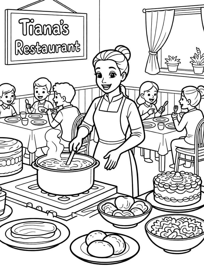 Tiana cooking in her restaurant, surrounded by delicious food and happy customers.