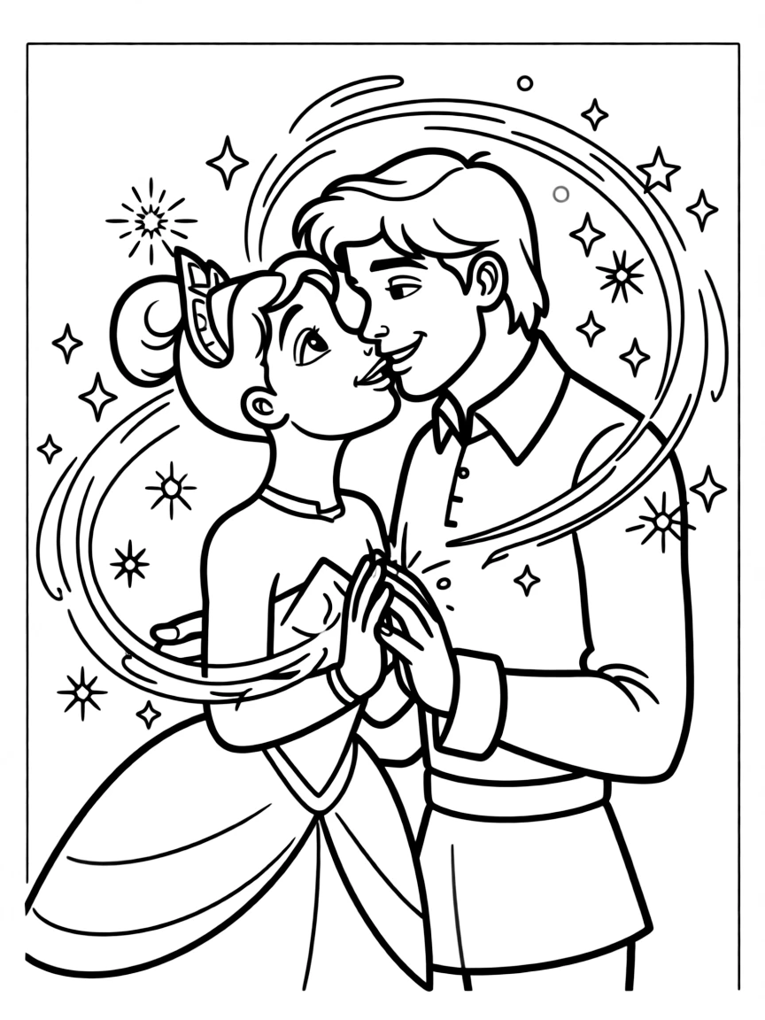 Tiana and Naveen kissing, transforming back into humans with a magical glow.