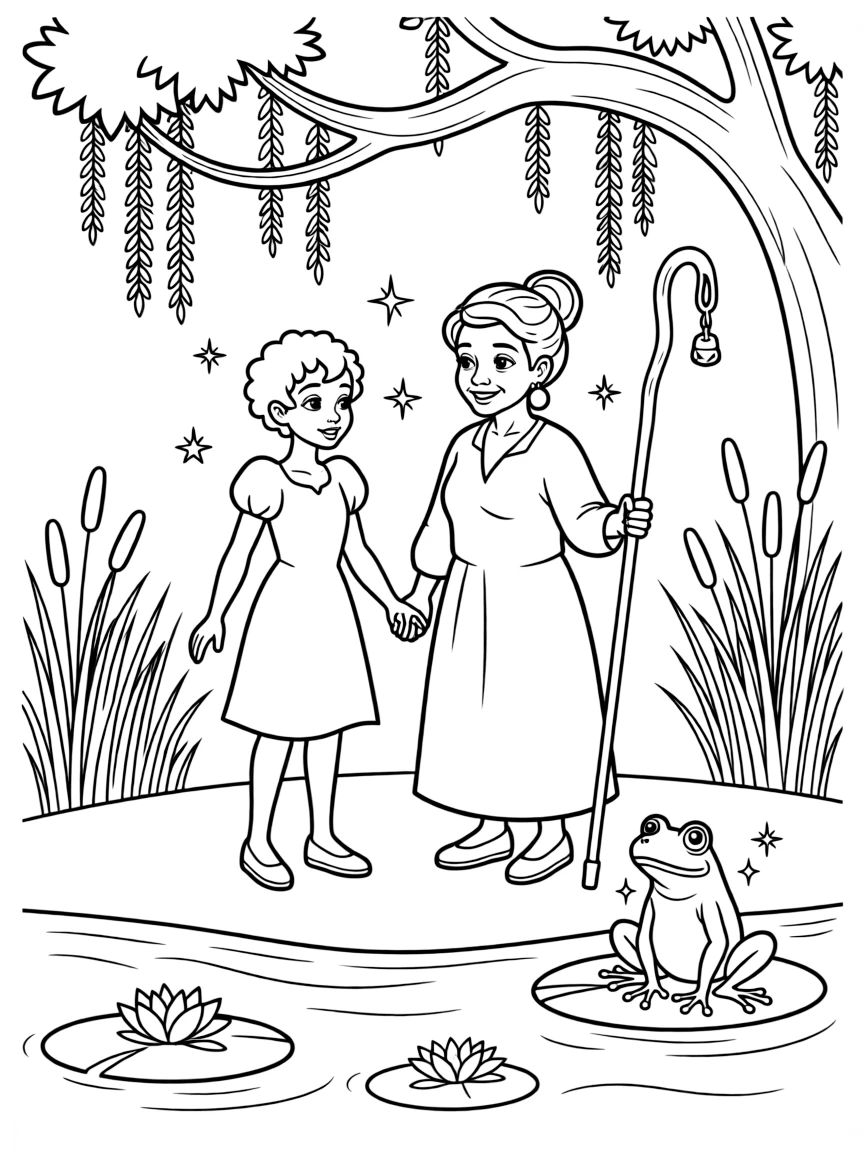 Tiana with Mama Odie and Juju, surrounded by bayou magic.