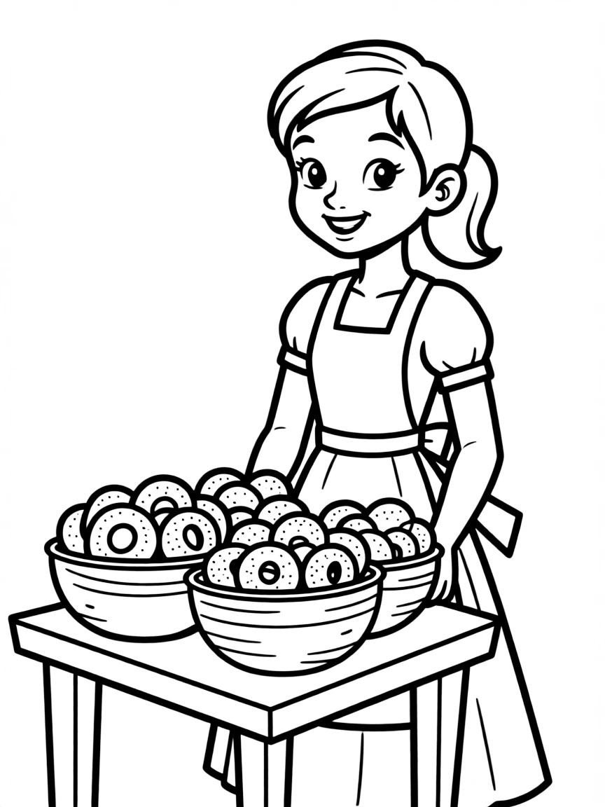 Tiana serving bowls of her famous beignets, smiling warmly.