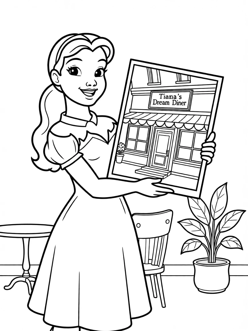 Tiana looking at a picture of her dream restaurant, hopeful.