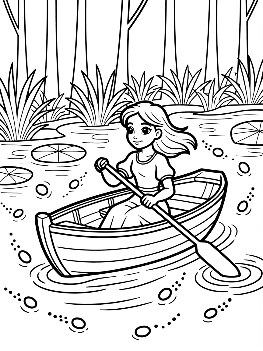 Tiana rowing a boat through the bayou, surrounded by fireflies.