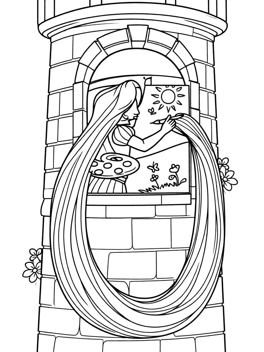 Rapunzel (Tangled) with her long, flowing hair, painting a picture on the tower wall.