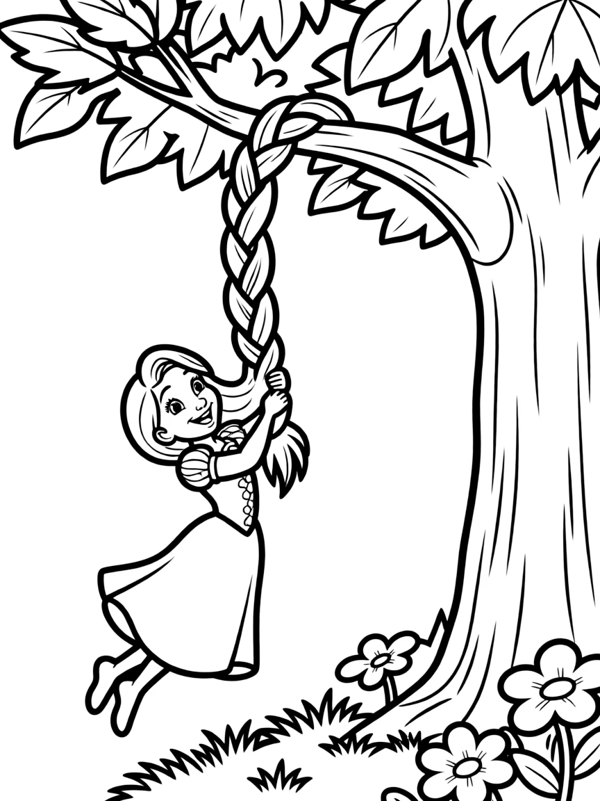 Rapunzel swinging from her hair, looking joyful and free.