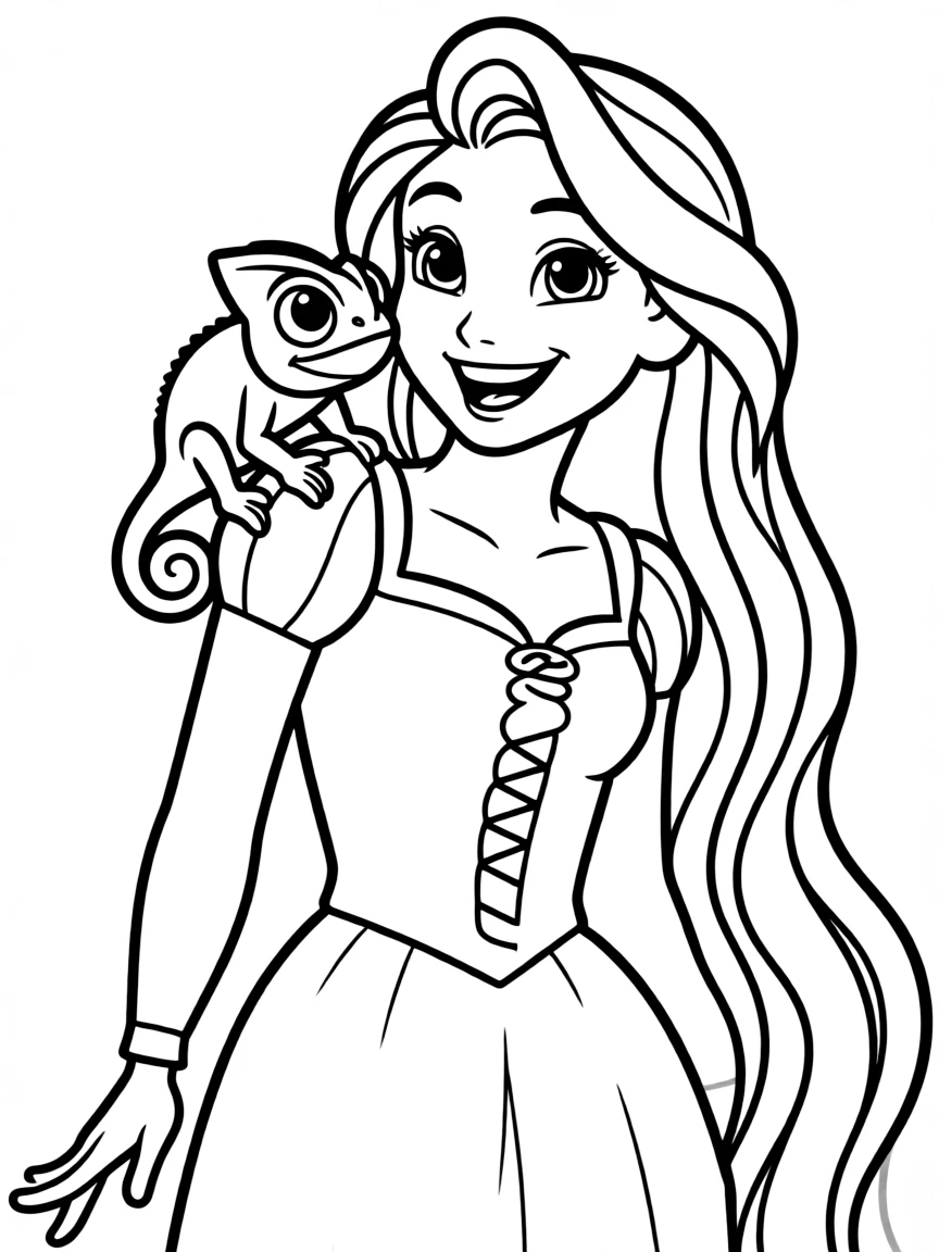 Rapunzel holding Pascal on her shoulder, smiling playfully.