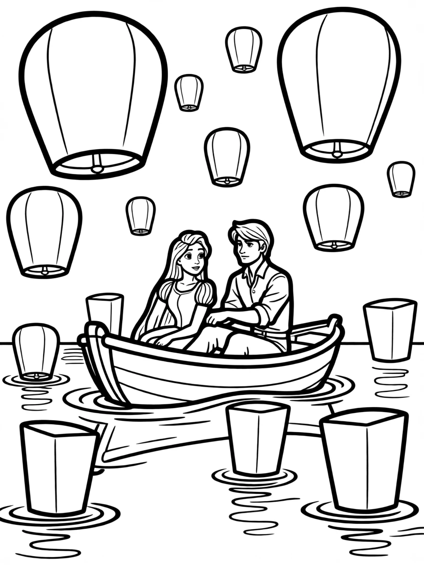 Rapunzel and Flynn Rider in a boat, surrounded by floating lanterns.