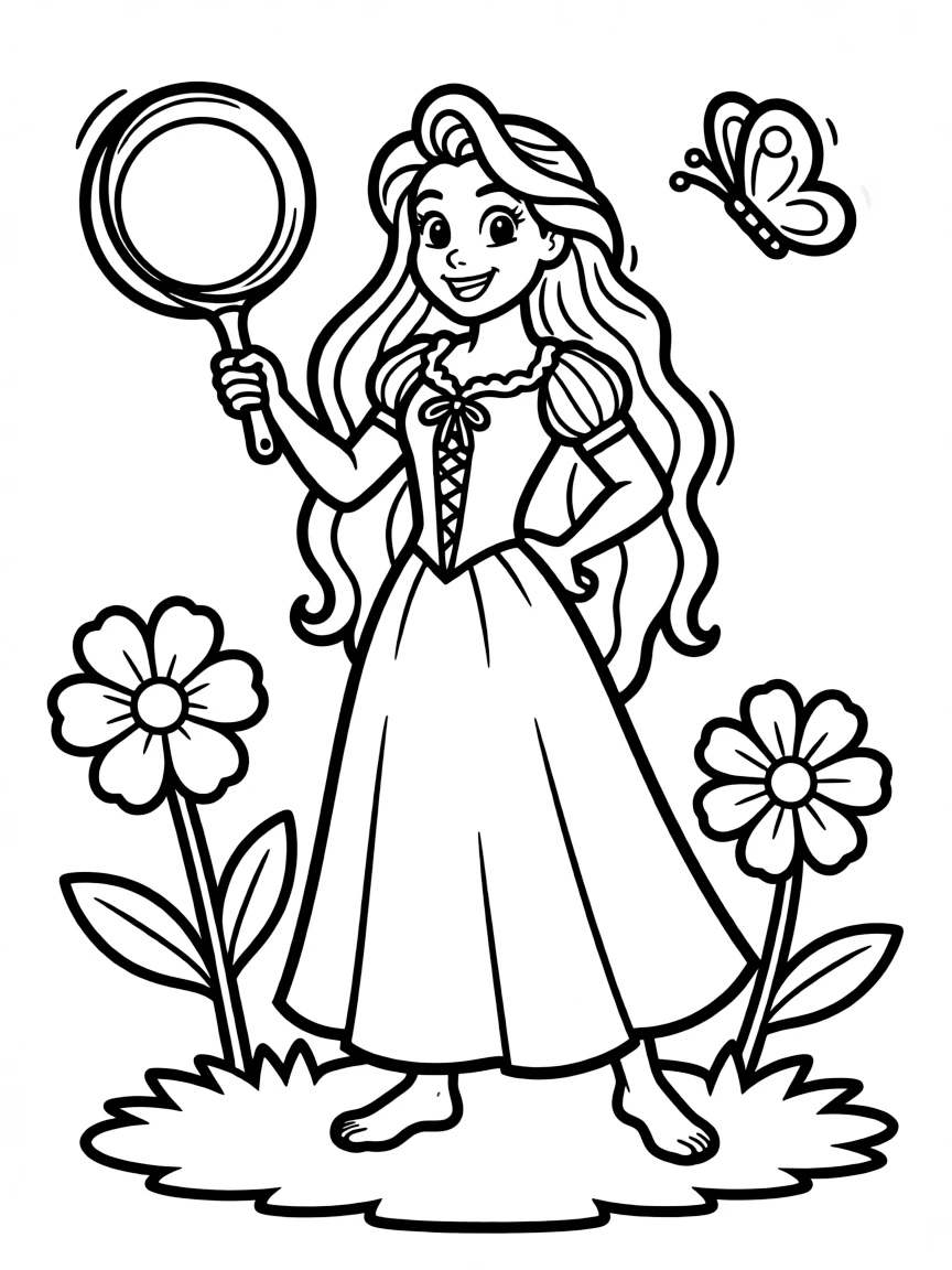 Rapunzel with her frying pan, looking ready for adventure.