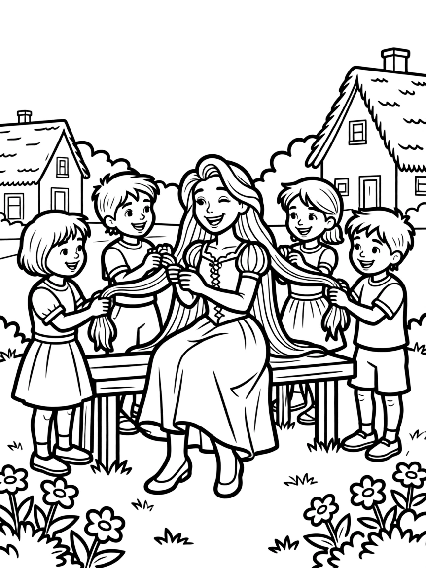 Rapunzel getting her hair braided by the village children, looking happy.