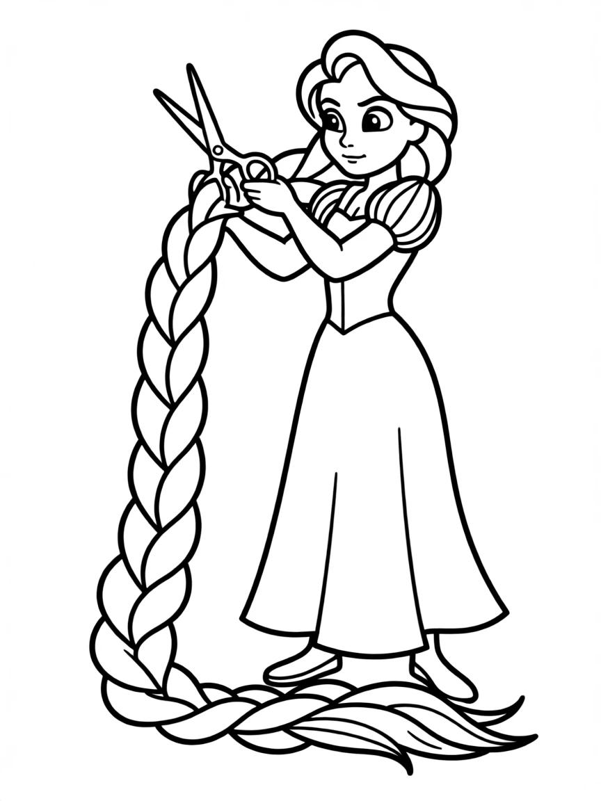 Rapunzel cutting her long hair, looking determined.