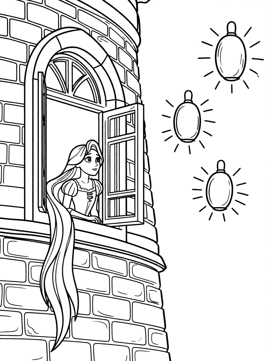 Rapunzel looking at the glowing lanterns from the tower window.