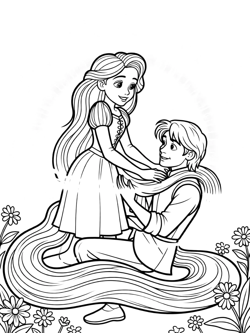 Rapunzel healing Flynn Rider with her magical hair, surrounded by golden light.