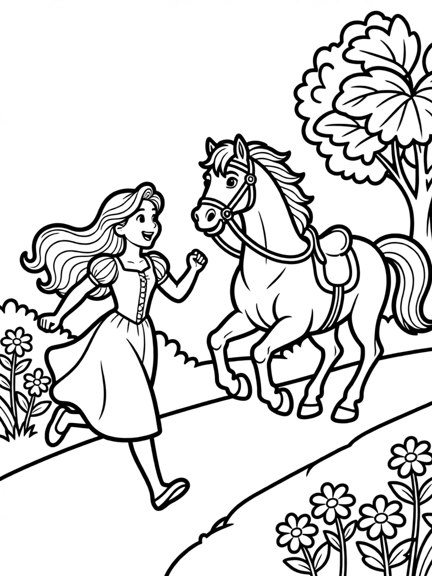 Rapunzel and Maximus sharing a funny moment, chasing each other.