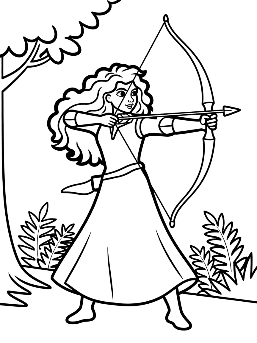 Merida (Brave) with her fiery red, curly hair, shooting an arrow from her bow.