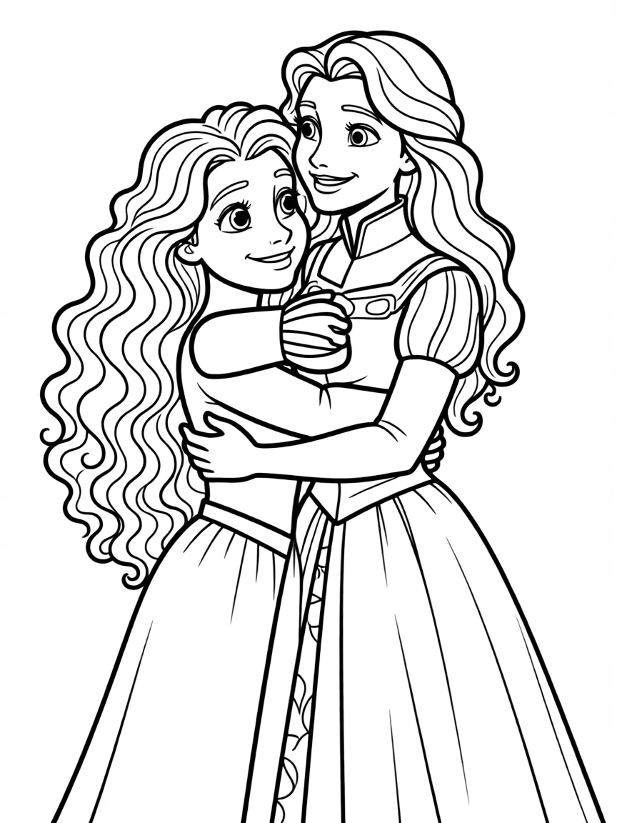 Merida and her mother, Queen Elinor, sharing a loving hug.