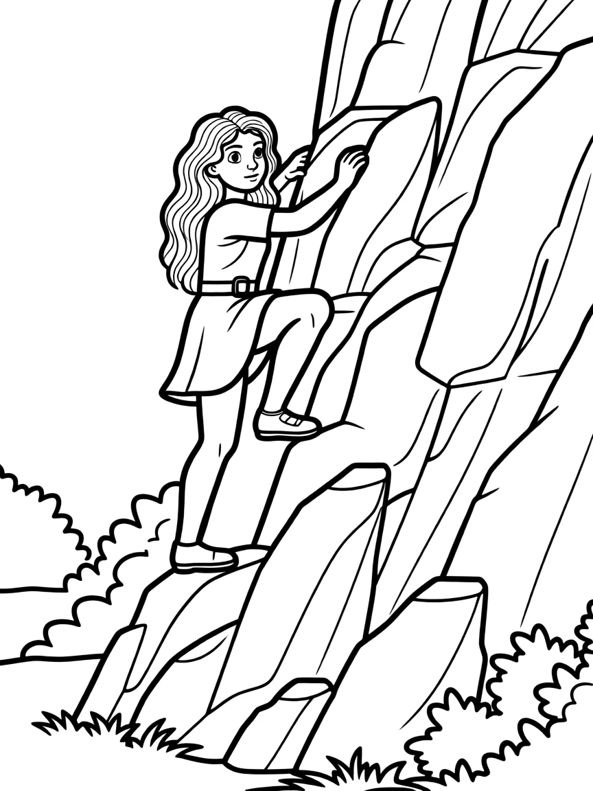 Merida climbing a rocky cliff, showing her strength and bravery.