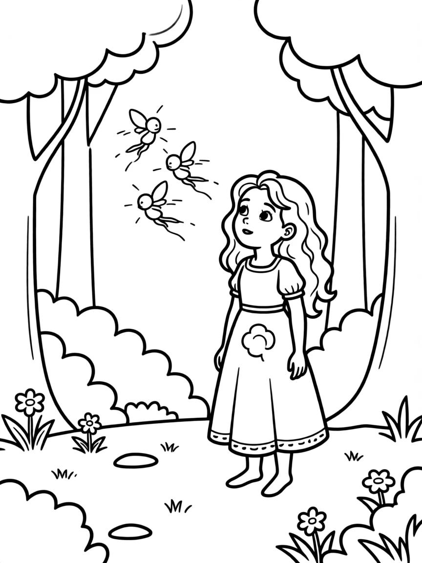 Merida looking at the will-o'-the-wisps, following their magical glow.