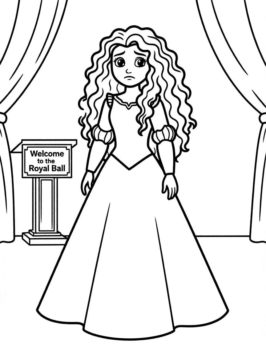 Merida in her royal gown, looking uncomfortable at a formal event.
