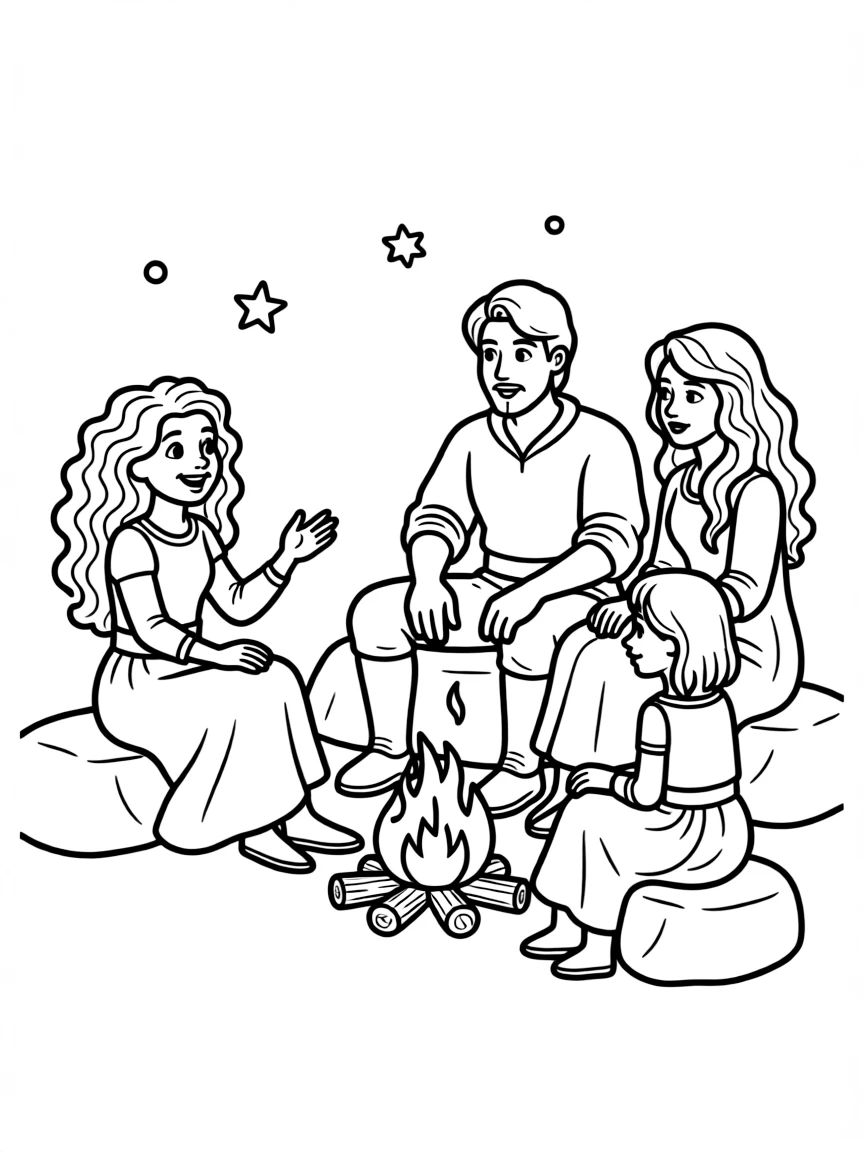 Merida telling a story by a campfire, surrounded by her family.