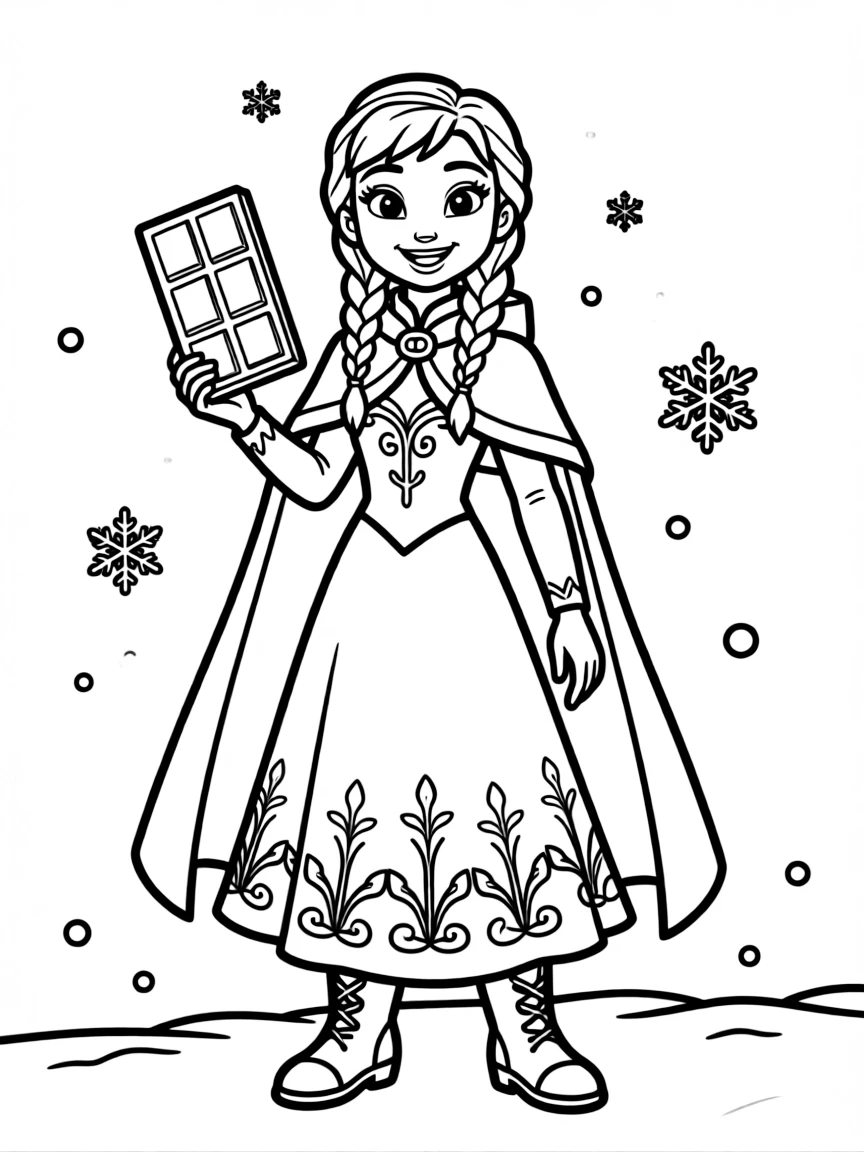 Anna (Frozen) in her winter outfit, holding a chocolate bar and smiling.