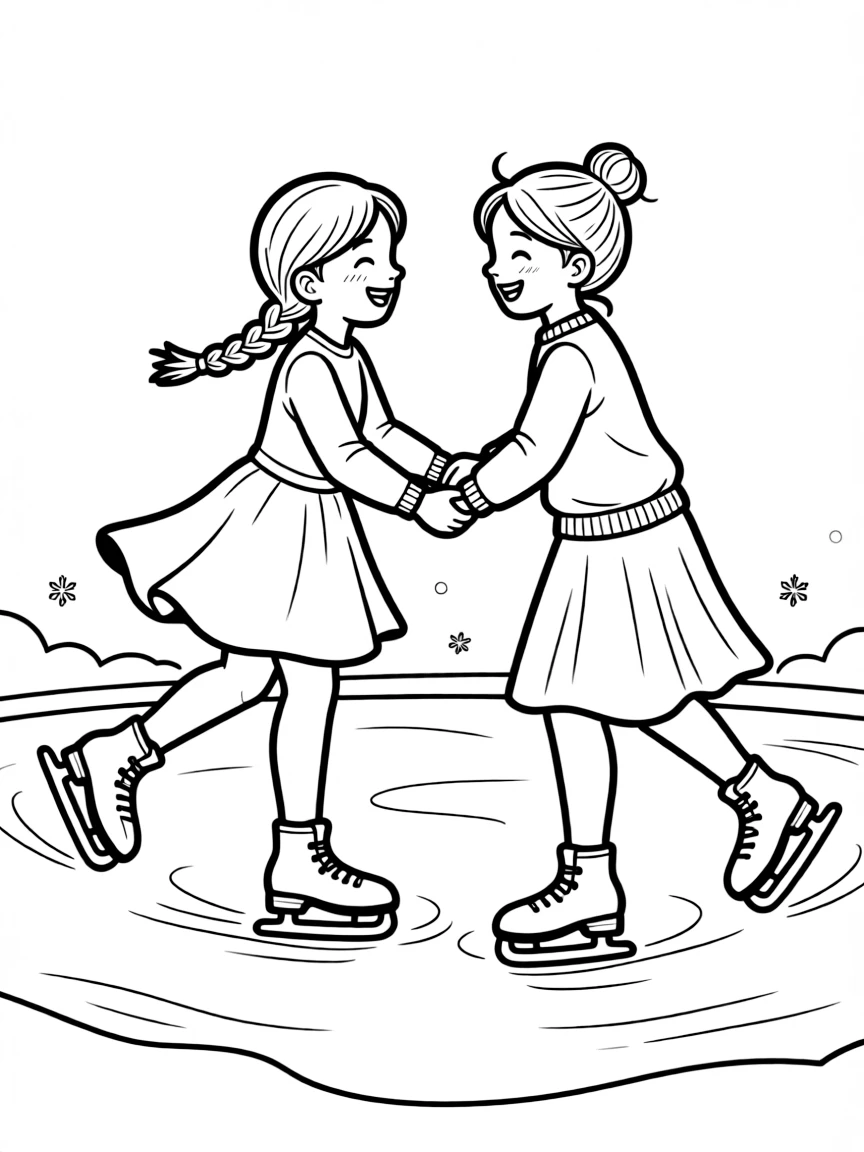 Anna and Elsa ice skating together, holding hands and laughing.
