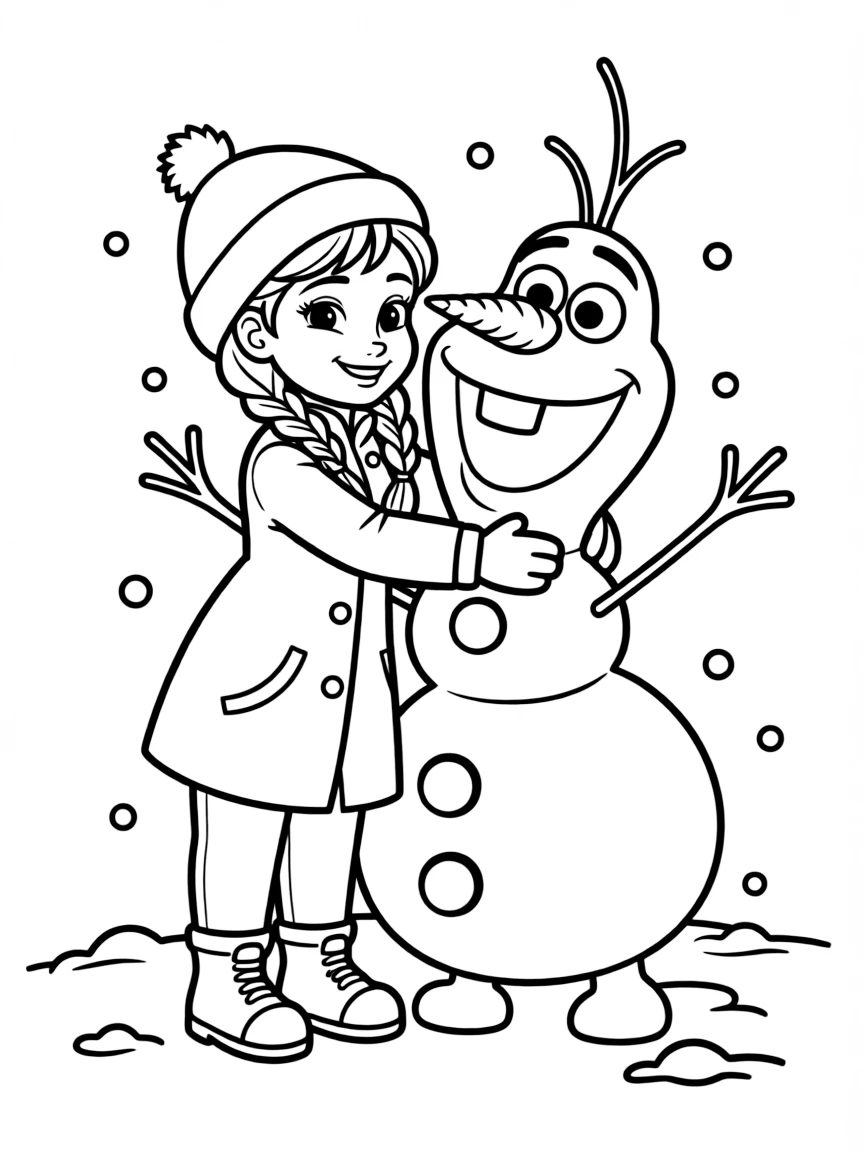 Anna with Olaf, enjoying a warm hug in the snow.