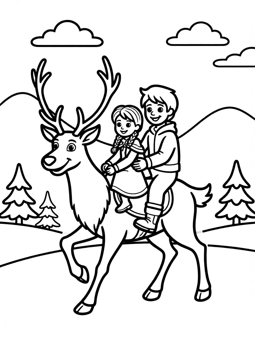 Anna and Kristoff on Sven, riding through a snowy landscape.