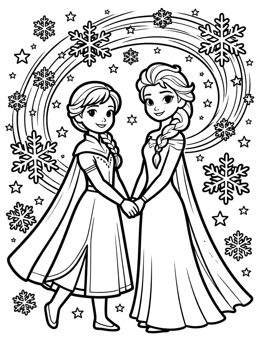 Anna and Elsa holding hands, surrounded by a magical blizzard.