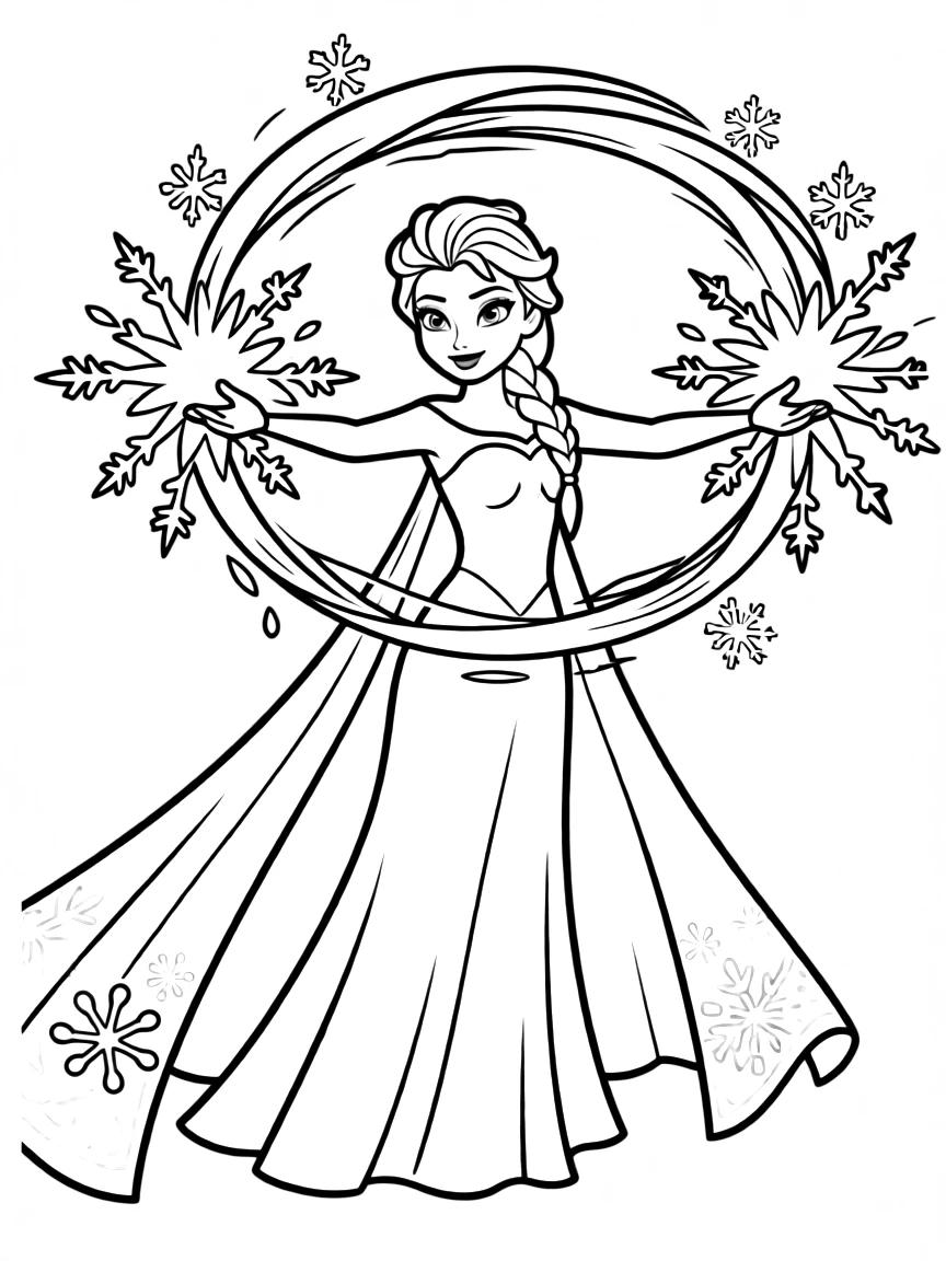 Elsa (Frozen) with her icy blue gown, creating ice magic with her hands.