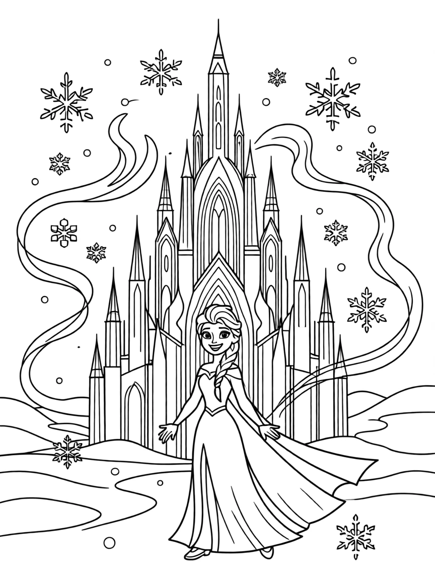 Elsa building her ice palace, surrounded by swirling snow.