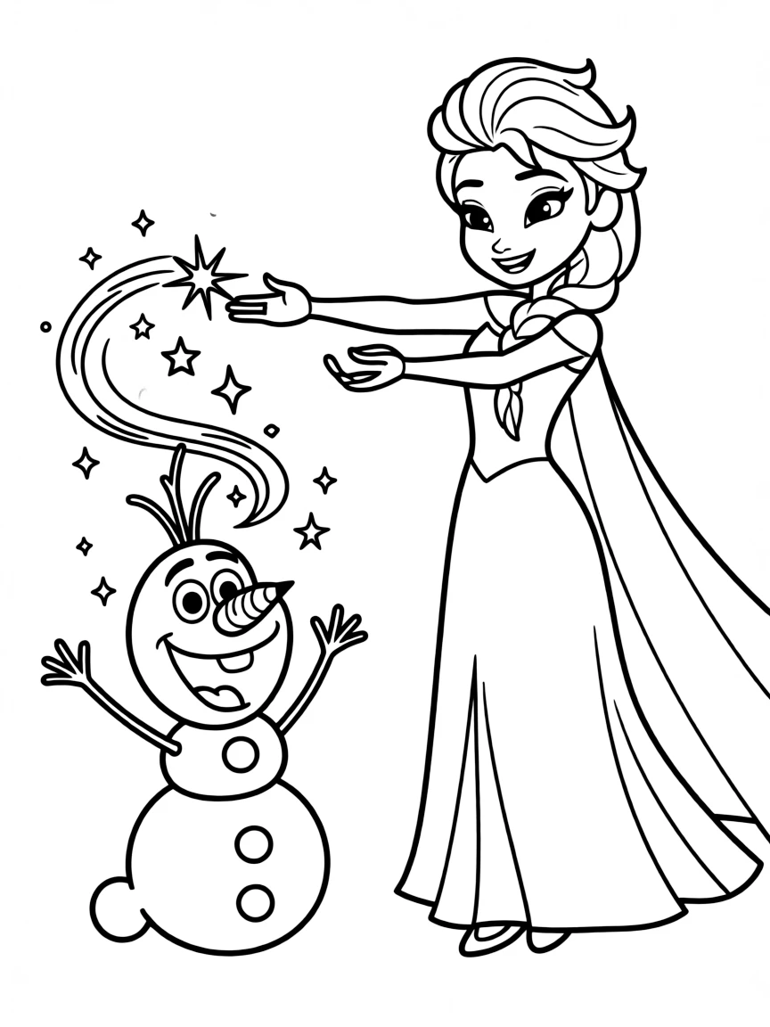 Elsa creating Olaf with her magic, looking happy and playful.