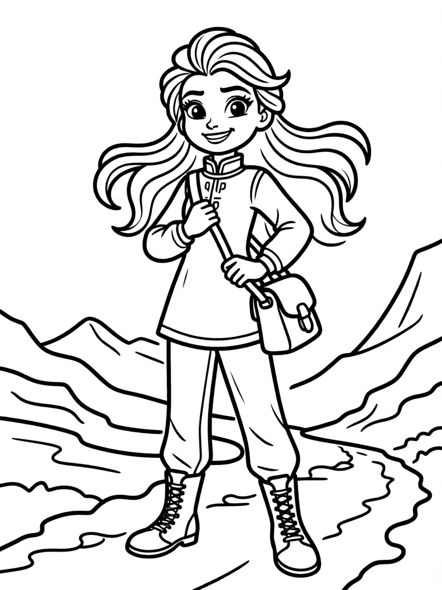 Elsa with her hair down, wearing her travel outfit, looking adventurous.