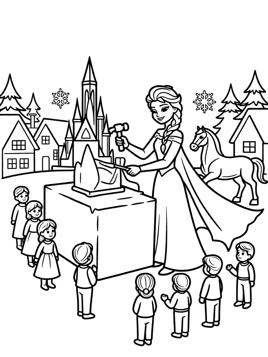 Elsa creating beautiful ice sculptures for the people of Arendelle.