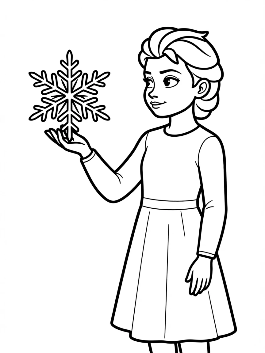 Elsa looking at a magical snowflake in her hand, thoughtful.