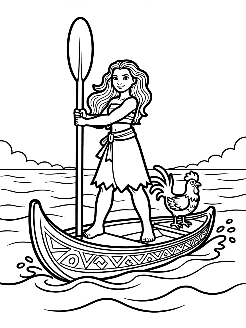 Moana (Moana) on her canoe, sailing across the ocean with Heihei.