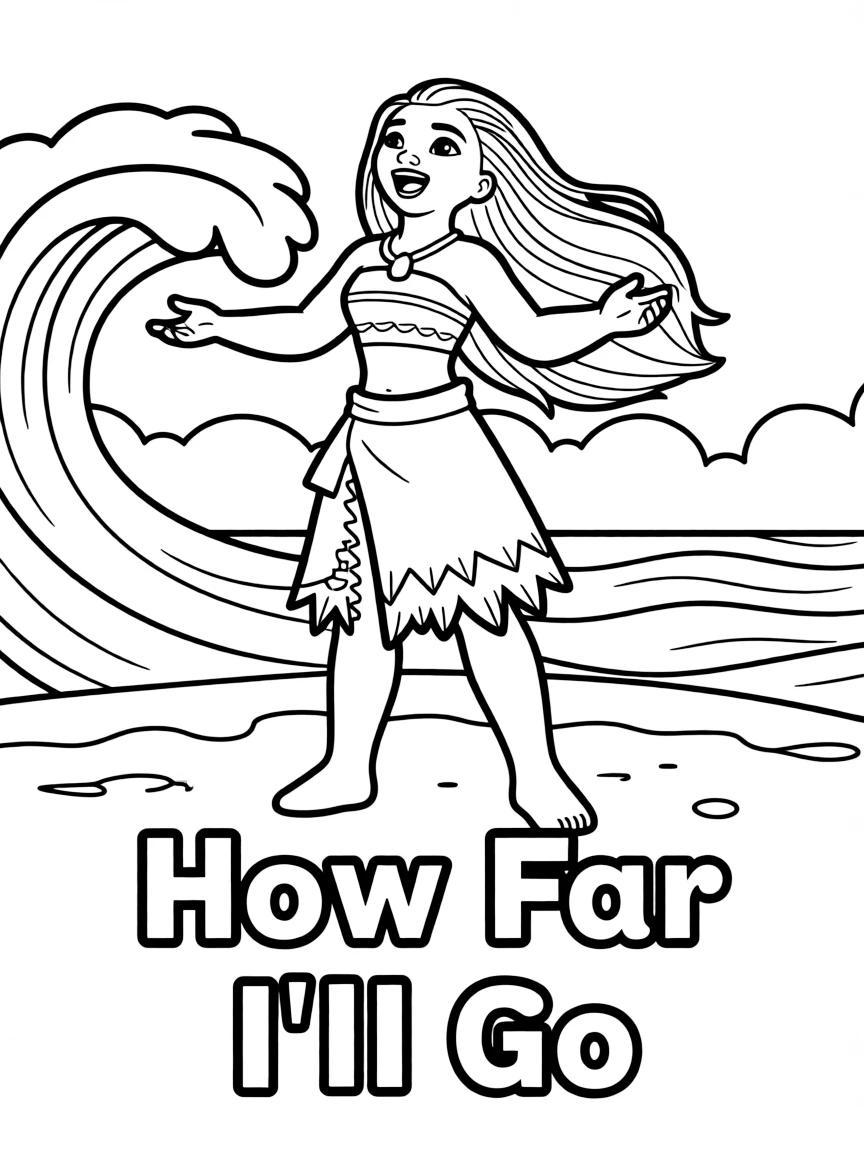 Moana singing "How Far I'll Go," looking determined and hopeful.